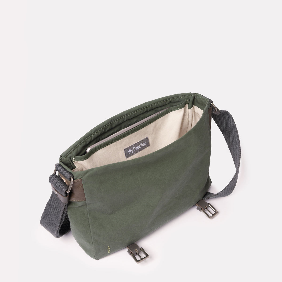 Jeremy Small Waxed Cotton Crossbody Satchel in Olive