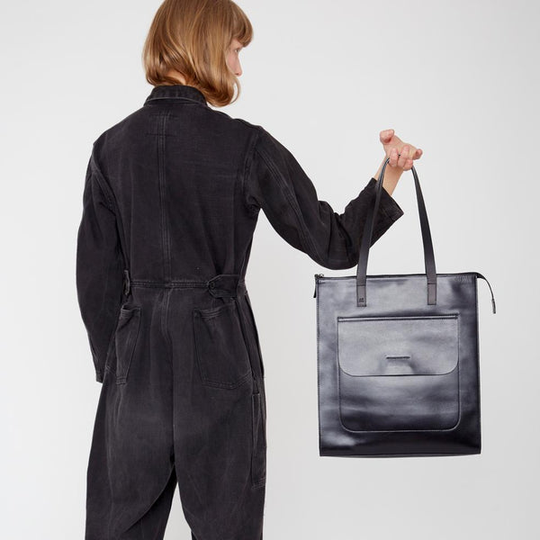 Urbancode leather tote bag with suede pocket in black cheap
