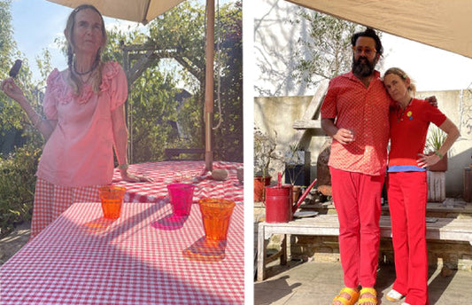 Two photos side by side. One of Ally in a pink ruffled top and gingham bottoms. Holding an ice cream next to two red gingham tables and one of Ally and her friend both wearing all-red outfits.