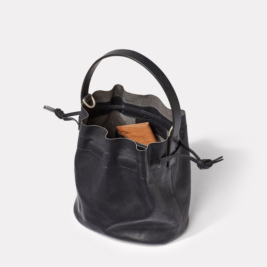 Dora Small Leather Crossbody Bucket Bag in Black