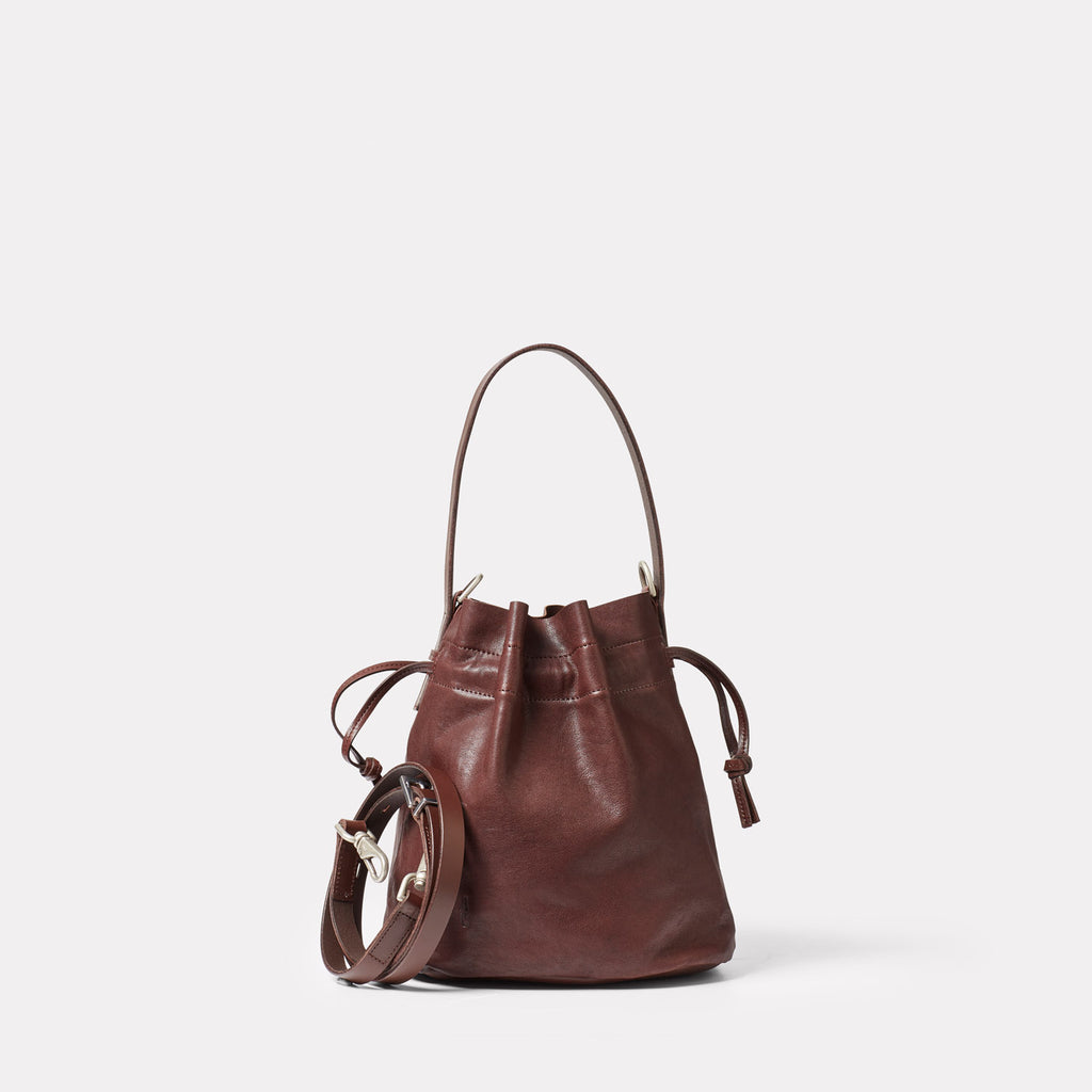 Dora Small Leather Crossbody Bucket Bag in Dark Brown