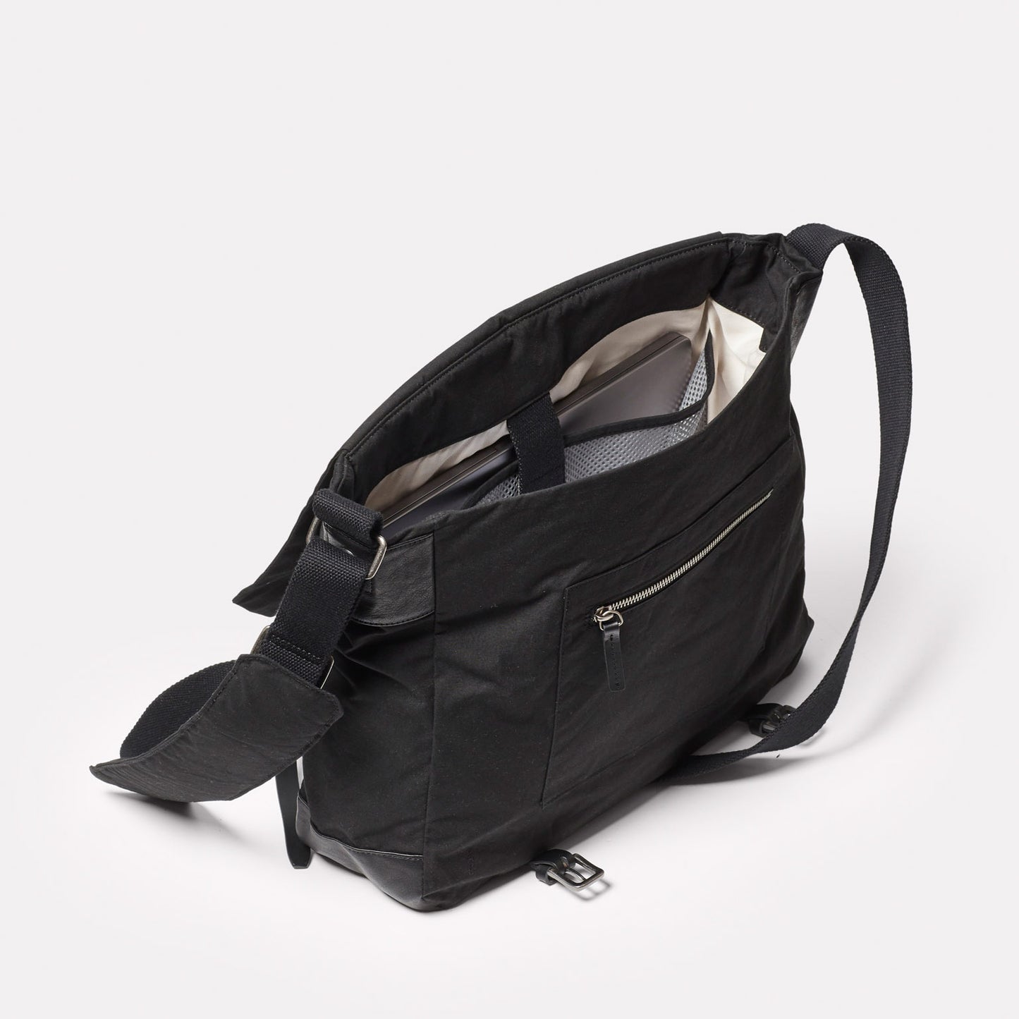 Jeremy Large Waxed Cotton Crossbody Satchel in Black