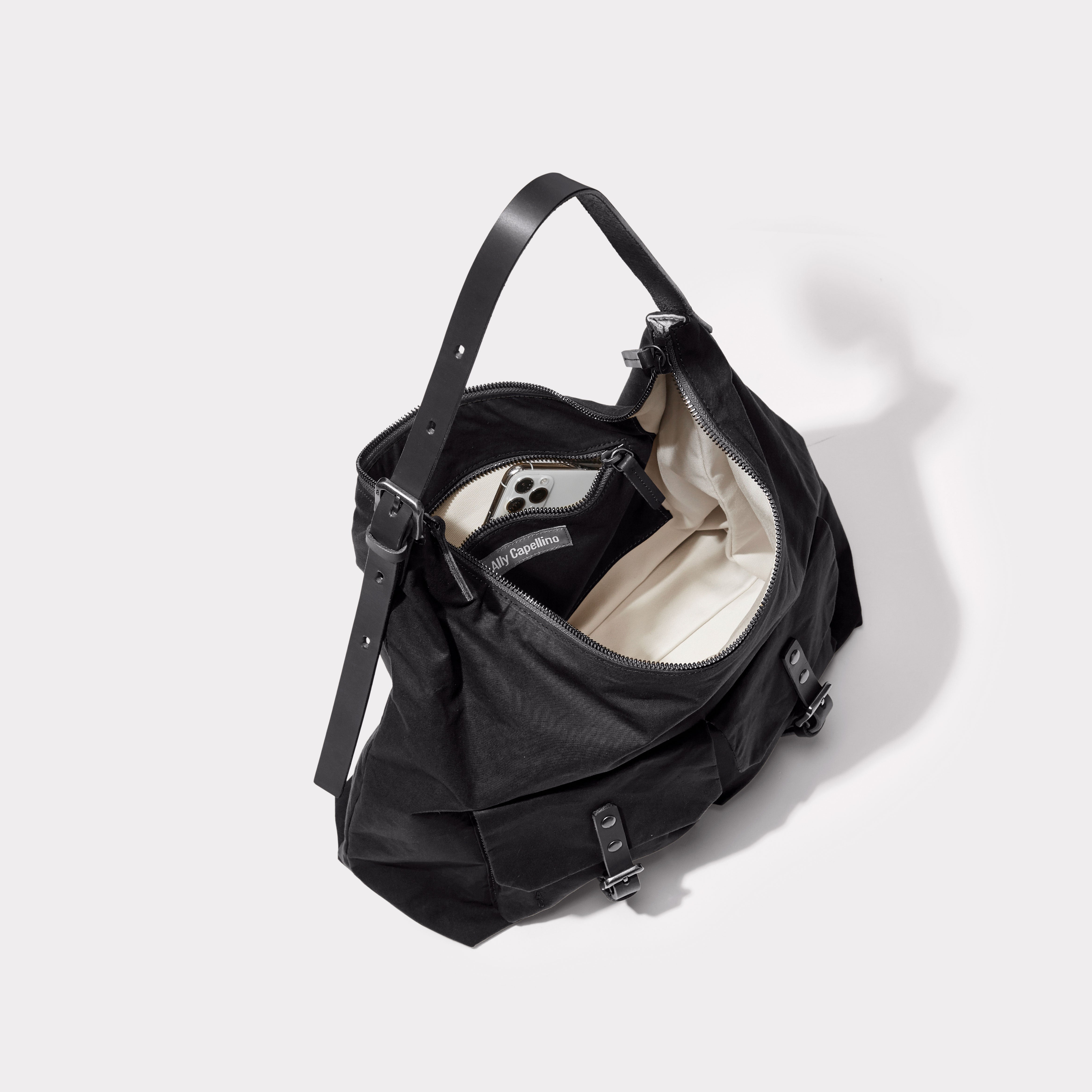 Fonz Waxed Cotton Hobo Bag in Black