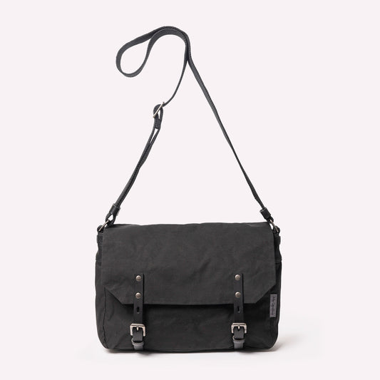Jeremy Small Waxed Cotton Crossbody Satchel in Black