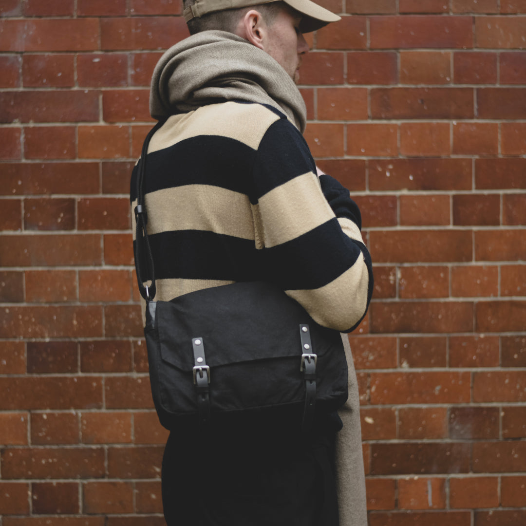 Jeremy Small Waxed Cotton Crossbody Satchel in Black
