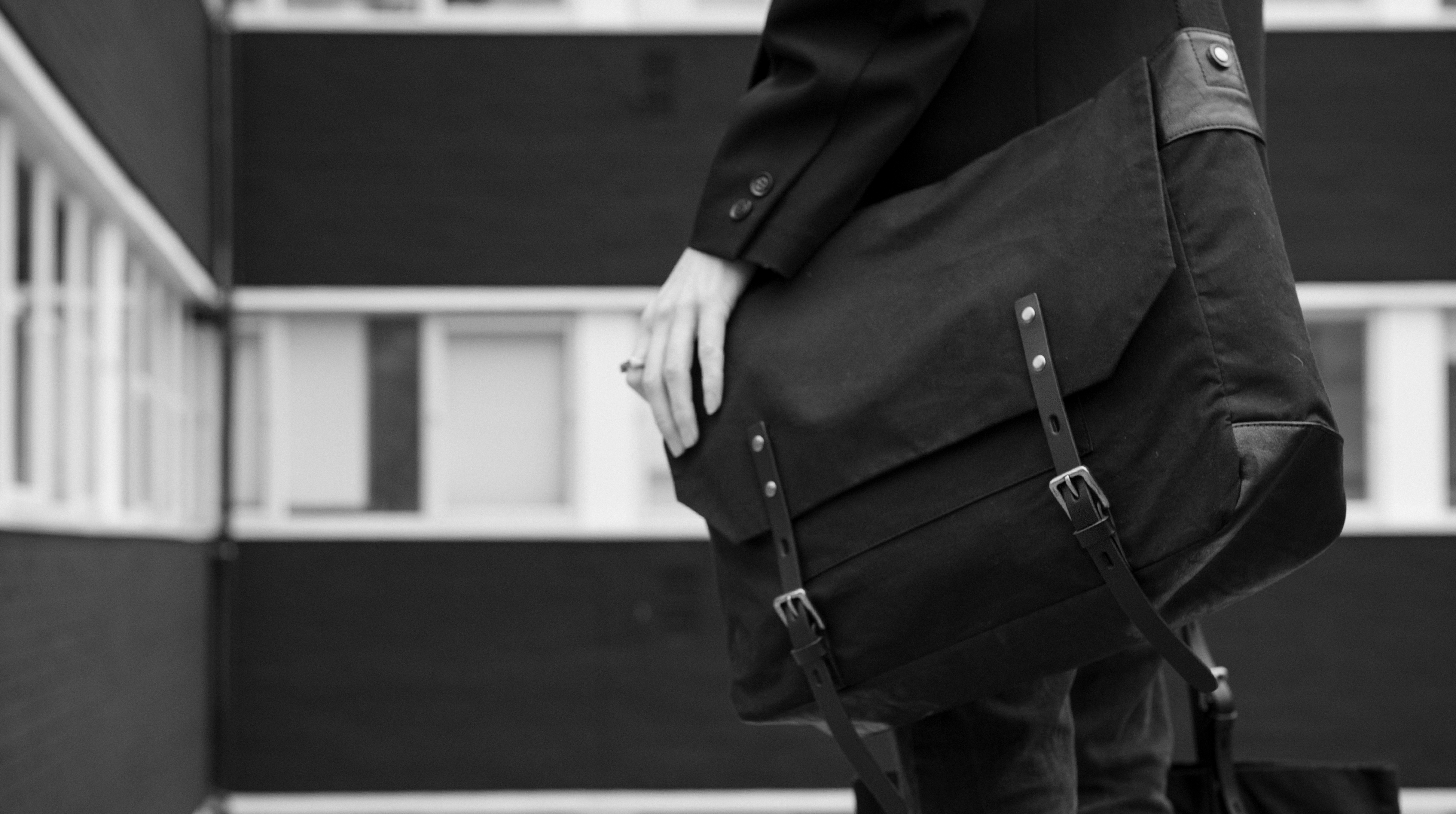 Jeremy Large Waxed Cotton Crossbody Satchel in Black