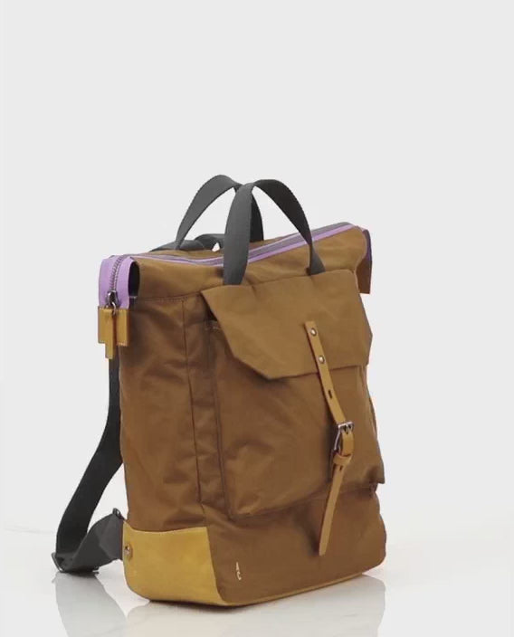 Brown Yellow Waxed Cotton Backpack Rucksack from British Backpack Brands Ally Capellino