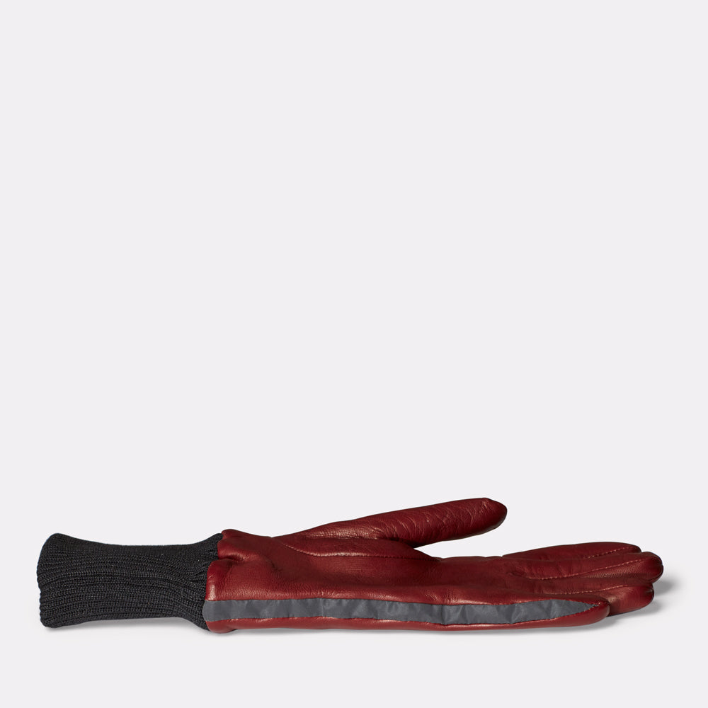 Ladies Leather Gloves With Reflective Strips in Emillion Red