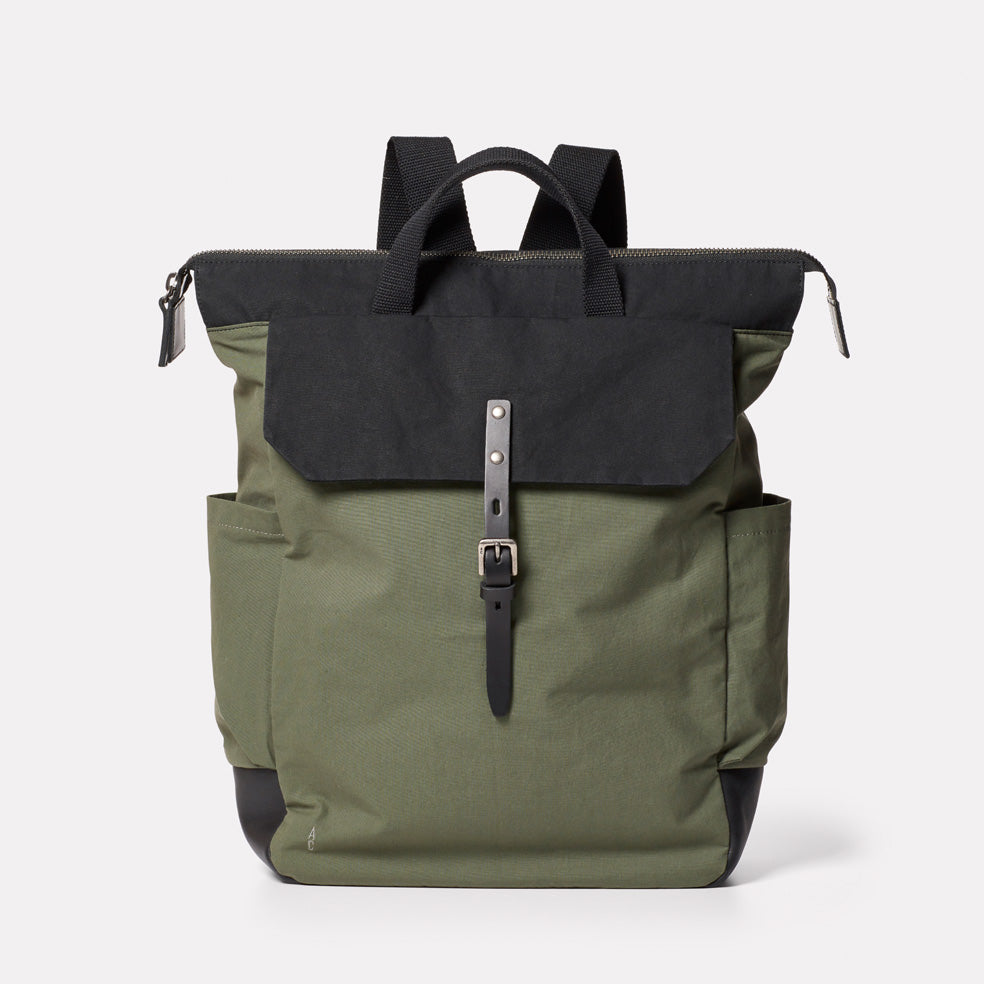 Fin Waxed Cotton Backpack in Black and Olive – Ally Capellino