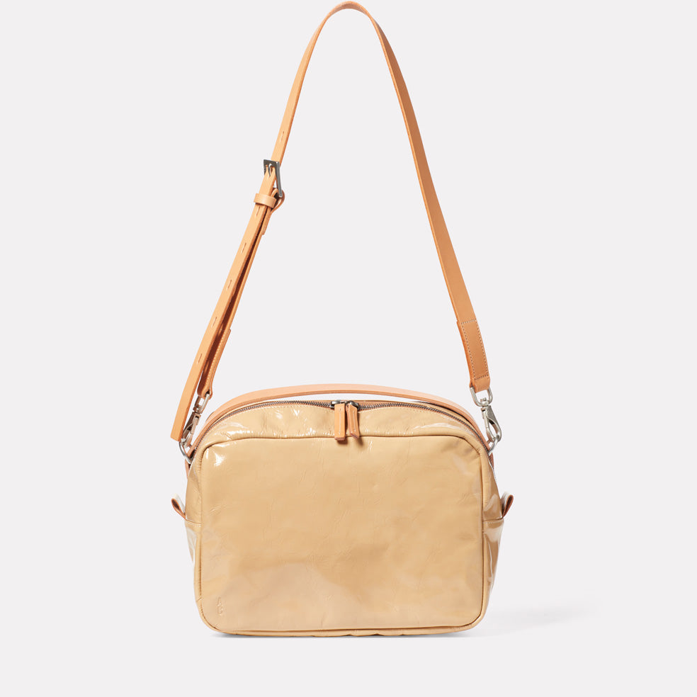 Leila Large Calvert Leather Crossbody Bag in Beige Gloss