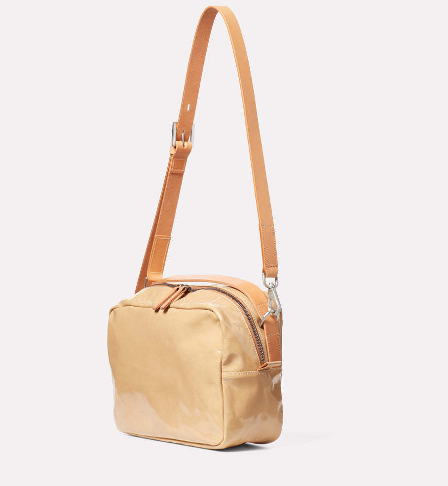Leila Large Calvert Leather Crossbody Bag in Beige Gloss