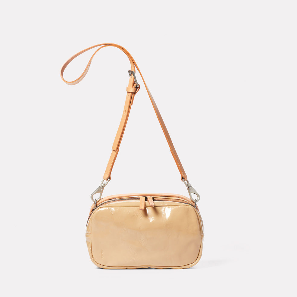 Leila Medium Calvert Leather Crossbody Bag in Beige Gloss