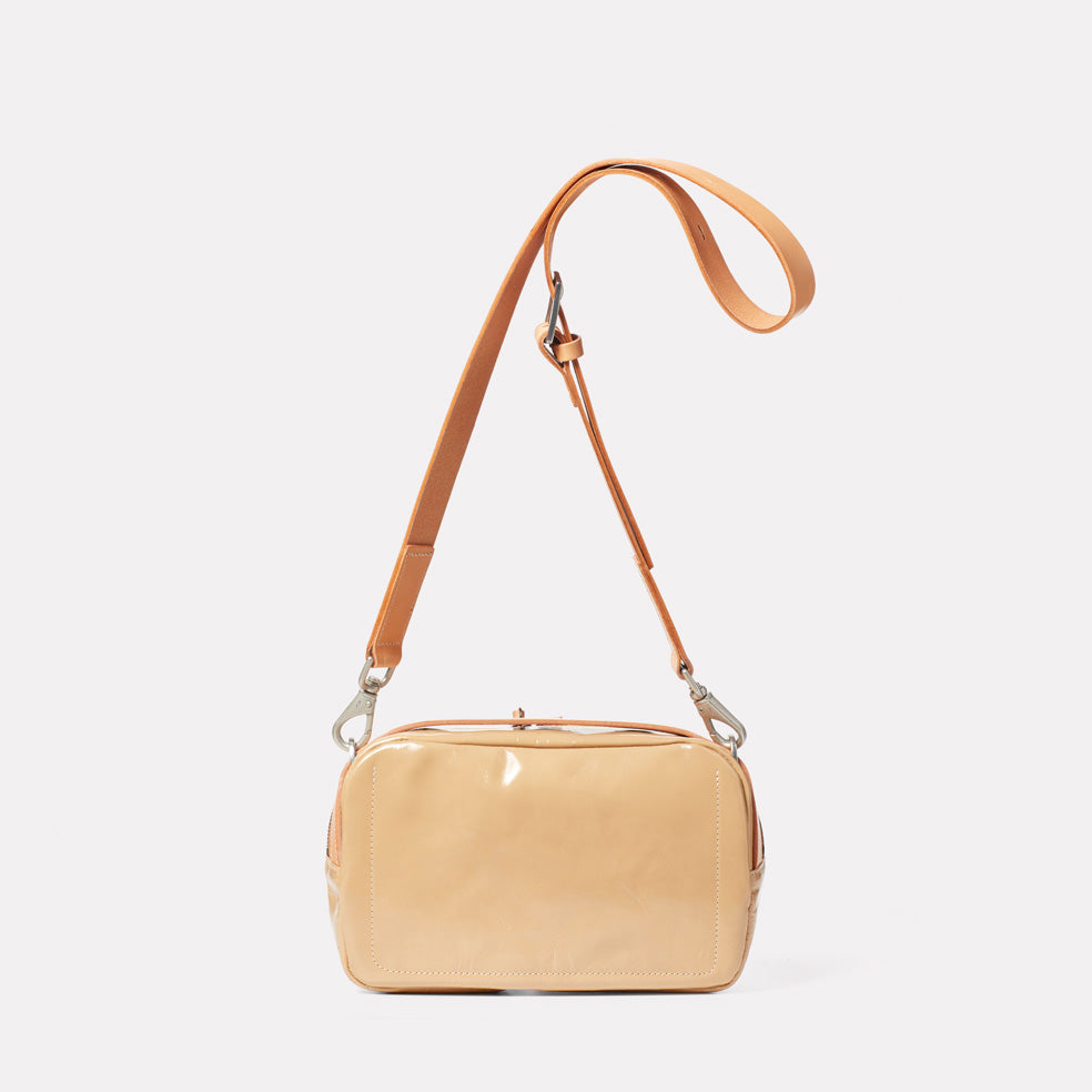 Leila Medium Calvert Leather Crossbody Bag in Beige Gloss