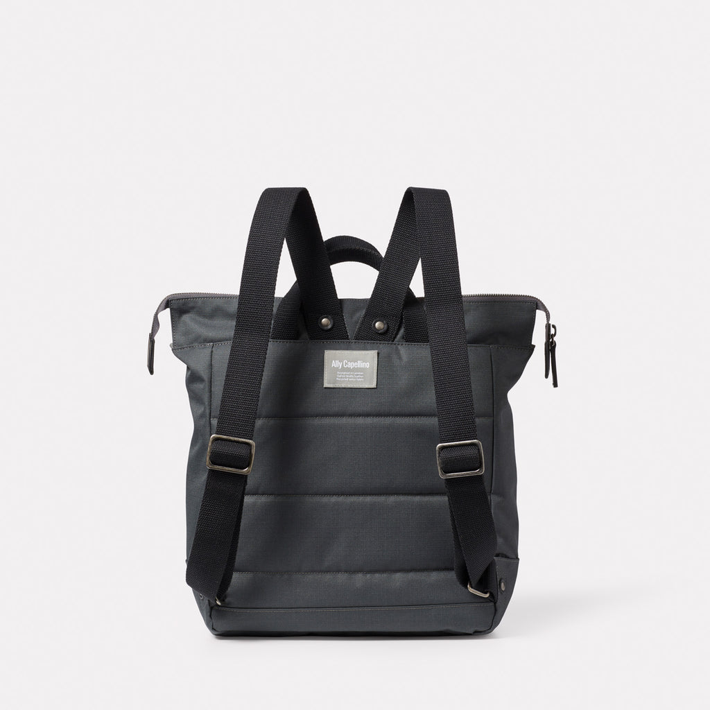 Frances Waxed Cotton Backpack in Dark Grey back view