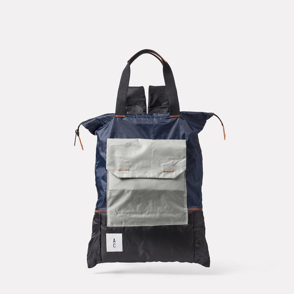 Harry Packable Zip Top Tote/Backpack in Navy and Grey