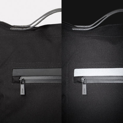 SS19, mens, womens, travel and cycle, nylon, backpack, rucksack, black, black backpack, black rucksack, water resistant, water resistant backpack, reflective, cycle bag, black travel bag,