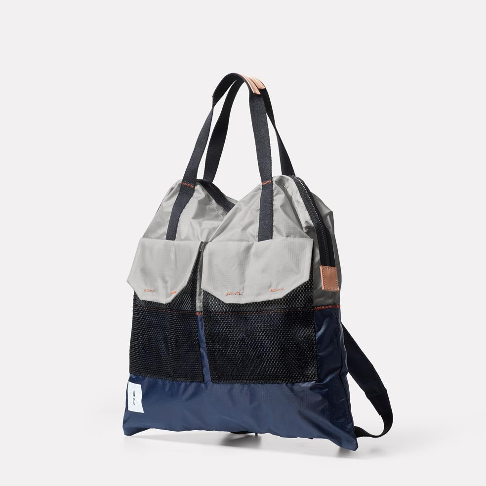 Hank Packable Zip Top Tote/Backpack in Navy and Grey
