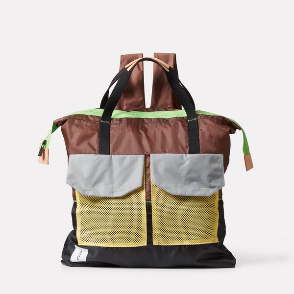 Hank Packable Zip Top Tote Backpack in Brown front view