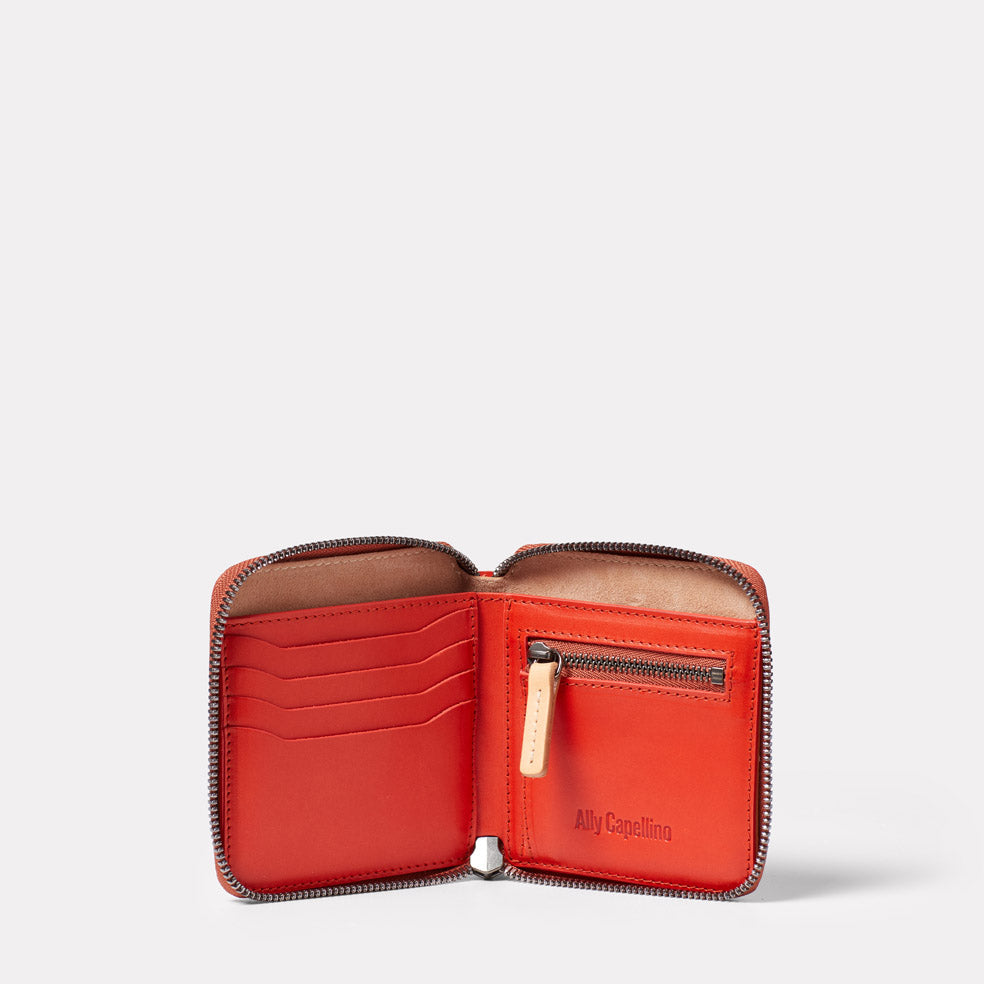 Axel Leather Zip Round Wallet in Tomato Red