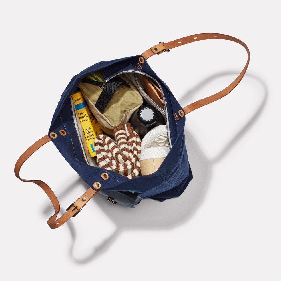 Elsa Surreal Pockets Waxed Cotton Tote Bag in Navy
