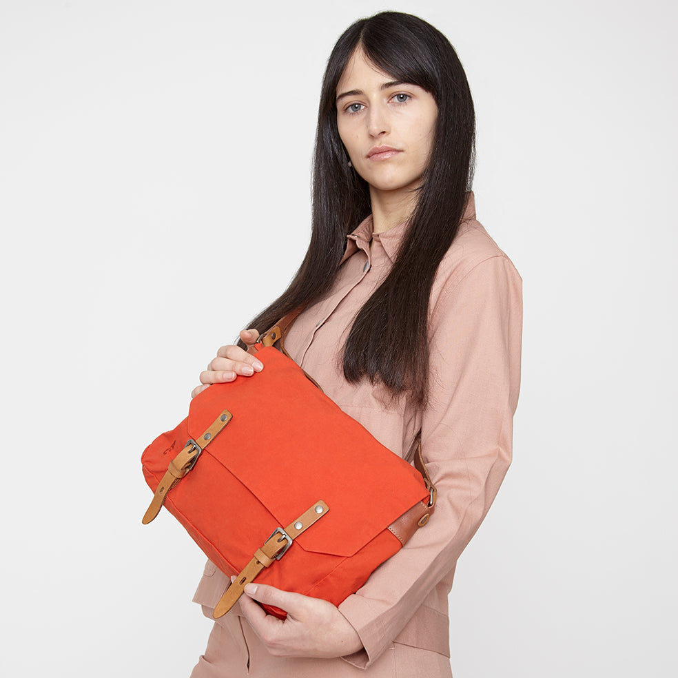 Jeremy Small Waxed Cotton Satchel in Flame Orange