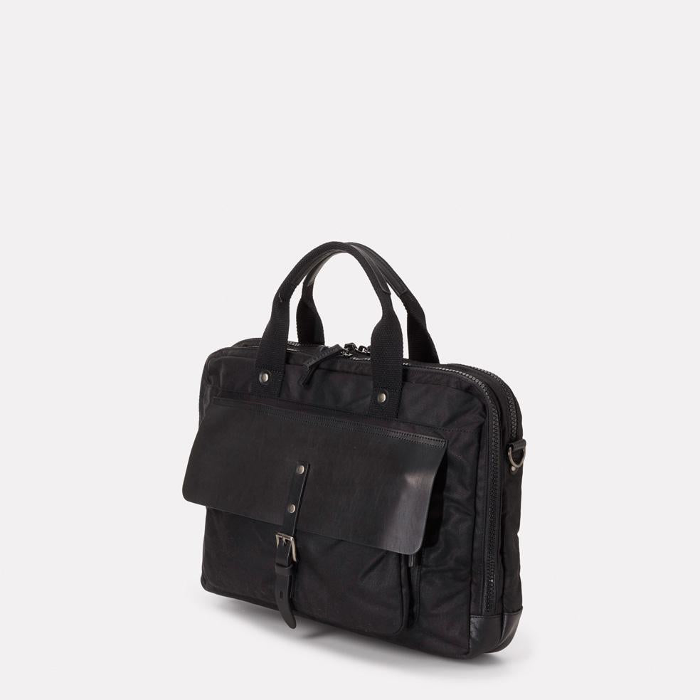 iSaac Leather & Waxed Cotton Briefcase in Black