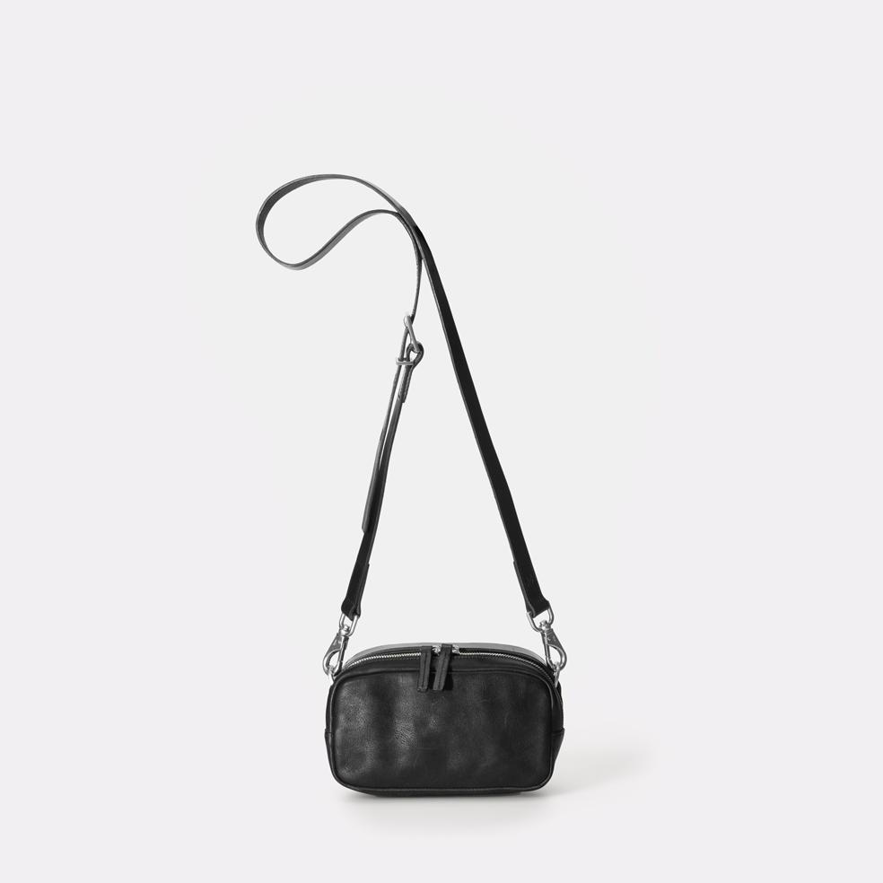 Mini Ginger Vegetable Tanned Leather Zip-Up Mini Crossbody Bag With Adjustable Leather Strap in Black for Women