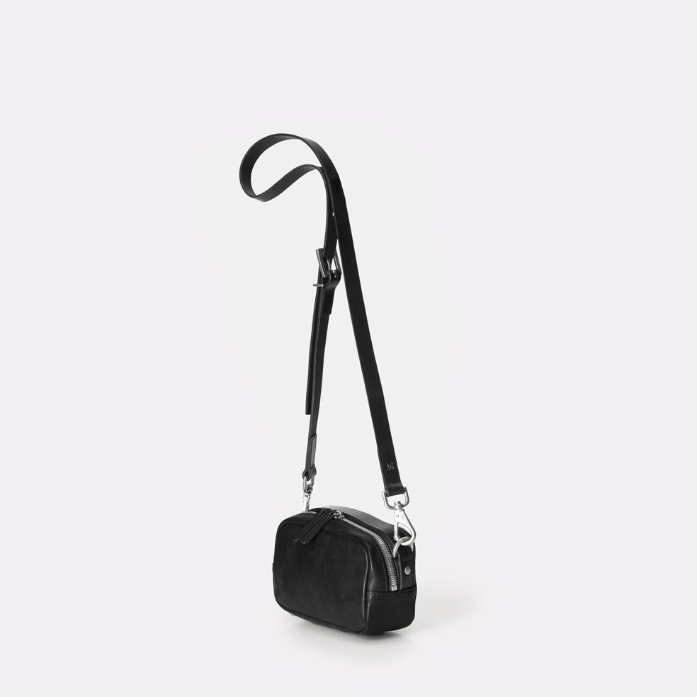 Mini Ginger Vegetable Tanned Leather Zip-Up Mini Crossbody Bag With Adjustable Leather Strap in Black for Women
