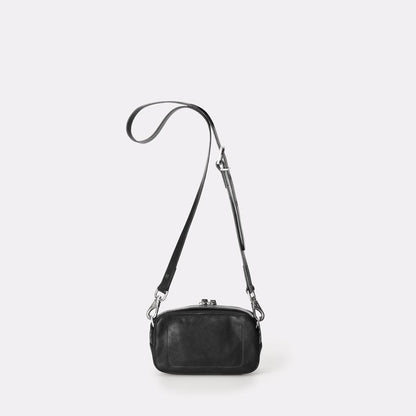 Mini Ginger Vegetable Tanned Leather Zip-Up Mini Crossbody Bag With Adjustable Leather Strap in Black for Women
