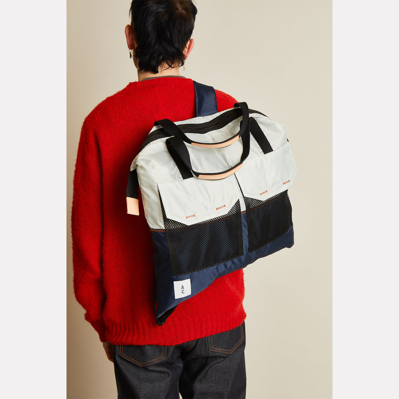 Hank Packable Zip Top Tote/Backpack in Navy and Grey