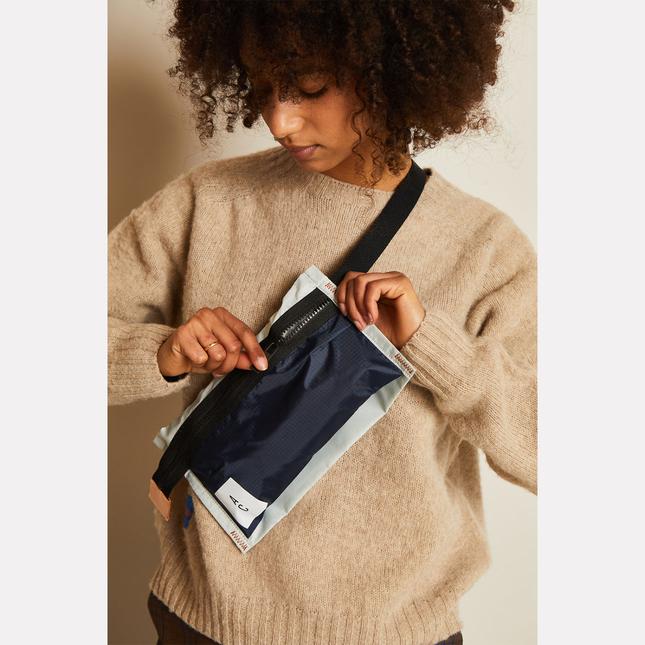 Herbert Packable Zip Top Belt Bag in Navy and Grey
